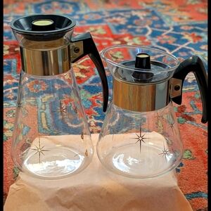 MCM Vintage Atomic Starburst Corningware Glass Coffee Carafes Set Of 2